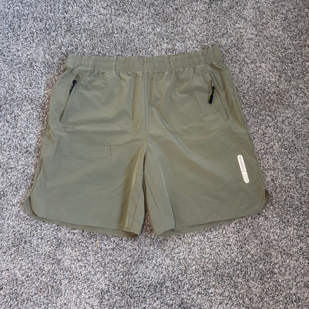Canghpgin Men's Green Elastic Waist Activewear Athletic Shorts Size XL Zipper